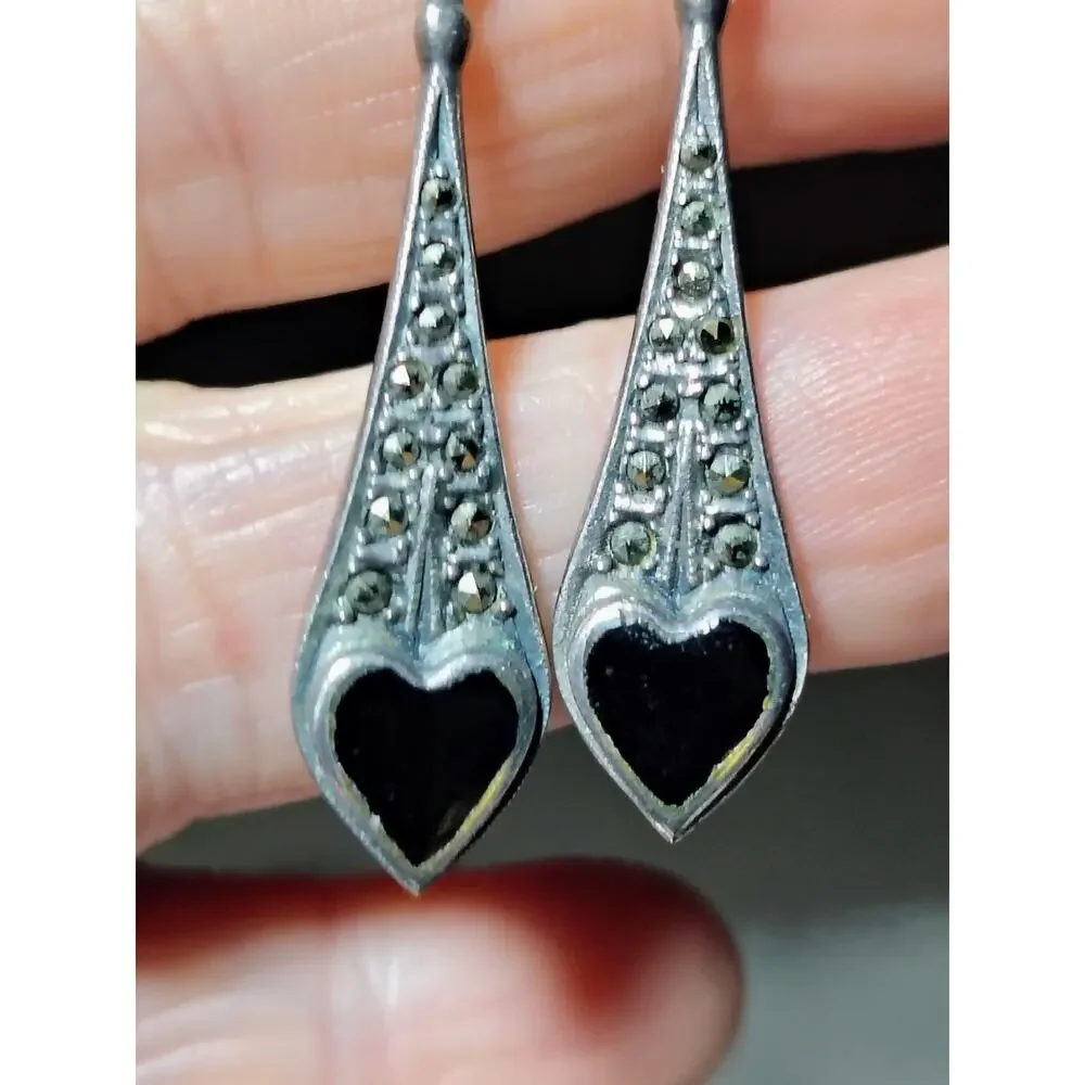 925 Silver Marcasite Black Heart Earrings